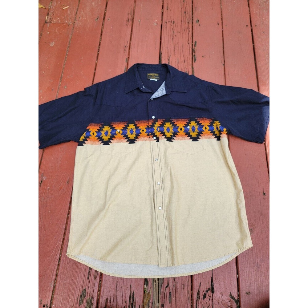 Vtg Rustler Wrangler Shirt Mens XLPearl Snap Aztec Blue Beige Brush Popper